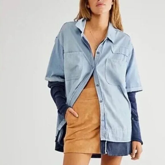 Free People Buttondown Shirt with Waffle Sleeves - Oversized - Picture 1 of 5